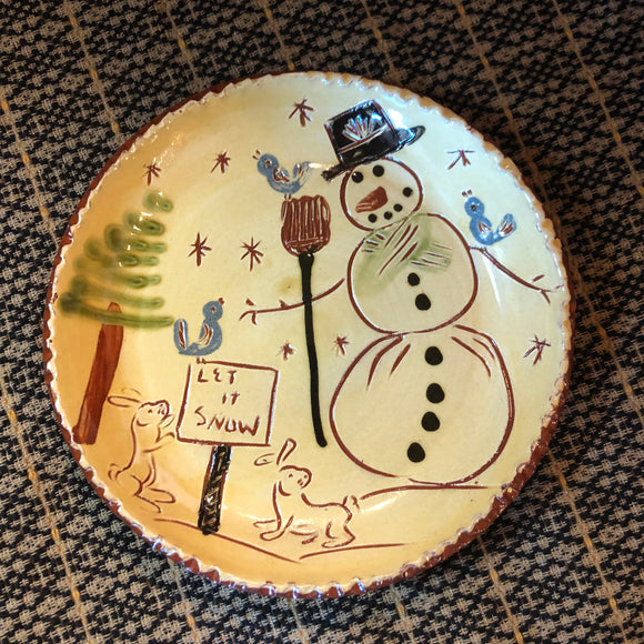 Sgraffito Redware Plate with Snowman, Birds and Bunnies