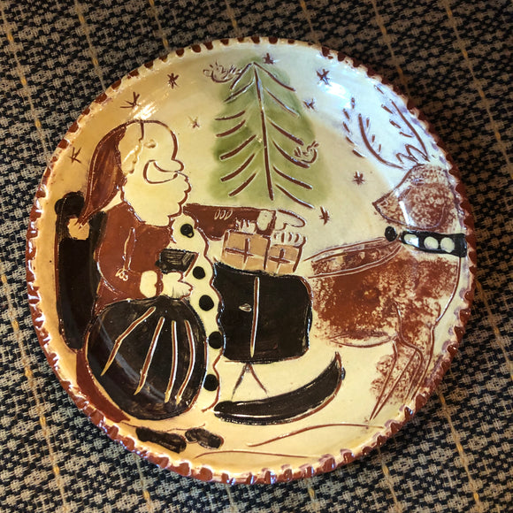 Sgraffito Redware Plate with Santa & His Sleigh