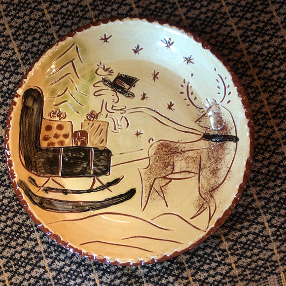 Sgraffito Redware Sleigh with Bunny & Reindeer Plate