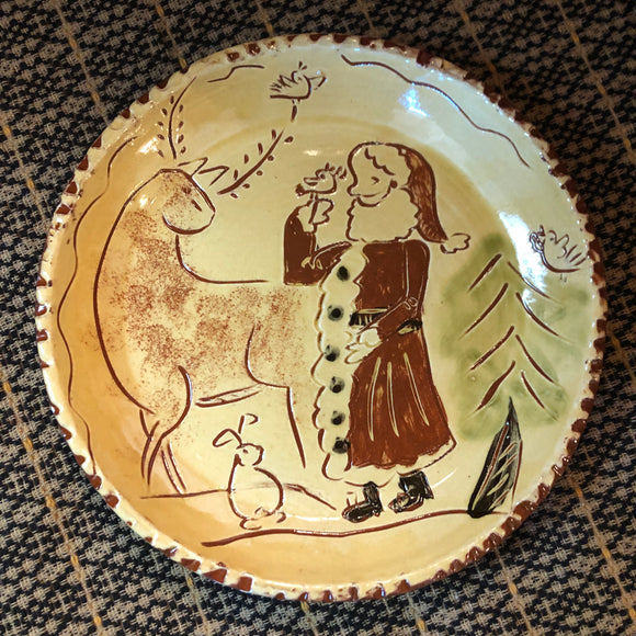 Sgraffito Redware Plate Santa with Reindeer